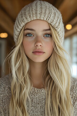 Blonde girl with blue eyes wearing a beige beanie and sweater