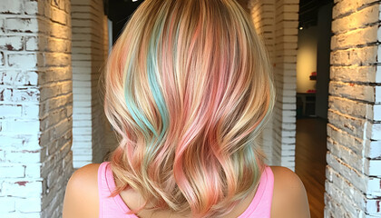 Blonde hair with pastel pink and blue streaks, back view, textured white brick columns, bright salon