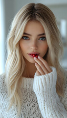 Blonde woman holds berries in her mouth, wearing a textured white sweater