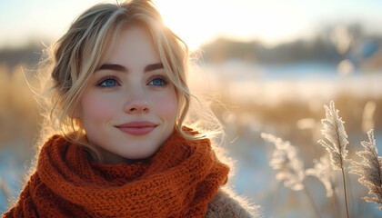 Blonde woman in scarf looking away in a sunny winter field