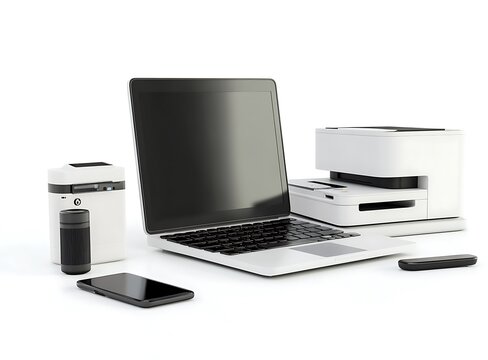 3D rendering of modern digital media devices like a laptop, smartphone, and camera with a printer on a white background