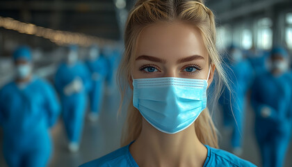 Blonde woman wearing mask in crowd, dressed in scrubs and medical masks