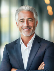 Fototapeta premium A professional gentleman exuding confidence with a bright smile, showcasing a modern office background filled with light.