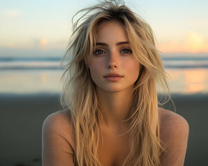 Blonde woman with blue eyes at a beach, sunset behind her