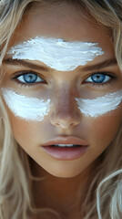 Blonde woman with blue eyes and white paint on her face staring intently