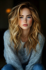 Blonde woman with blue eyes in cozy sweater, soft light