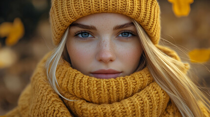 Blonde woman with blue eyes wearing a yellow knit beanie and scarf in an autumn setting