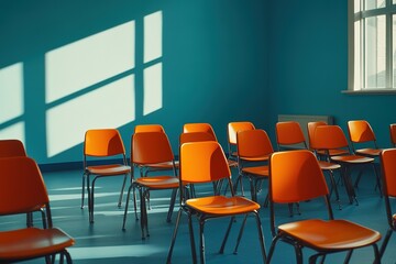 Empty Orange Chairs with Chrome Legs and Teal Walls, Sunny Light Streaks Background