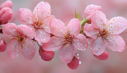 Blooming branch with water droplets highlights pink petals and small buds on blurred background