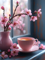 Blooming branches in a vase, with teacup and flowers by a window, creating a serene atmosphere