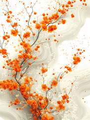 Blooming branches with orange flowers on white background, artistic & elegant