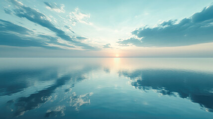 A vast ocean at sunset captures the essence of tranquility, reflecting vibrant colors that evoke peaceful human emotions.