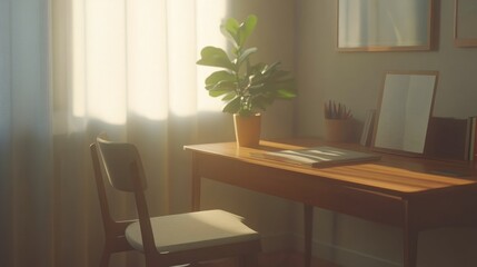 Fototapeta premium Serene Home Office: Sunlight Illuminates a Tranquil Workspace