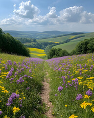 Blooming flower meadow path leads to hills
