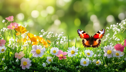 Blooming garden with vibrant butterfly in blurred sunshine