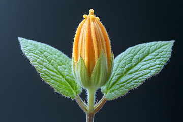 Blooming flower Yellow bud with green leaves on dark background