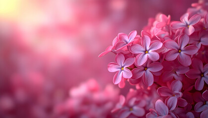 Blooming lilac flowers in soft focus, bathed in pink light, symbolizing spring