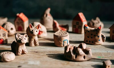 Clay figurines of animals and houses on table, indicating art craft theme