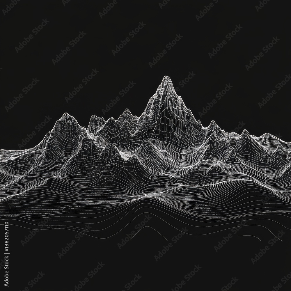 Poster elegant wireframe landscape: a minimalist topographic representation against a dark backdrop