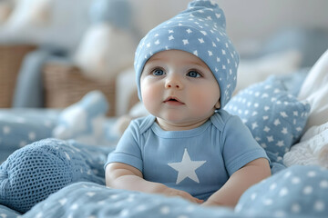 Baby with starry cap & matching onesie looking up