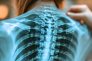 Back spine x-ray overlayed Torso of a woman behind the x-ray image, medical imaging of the spine