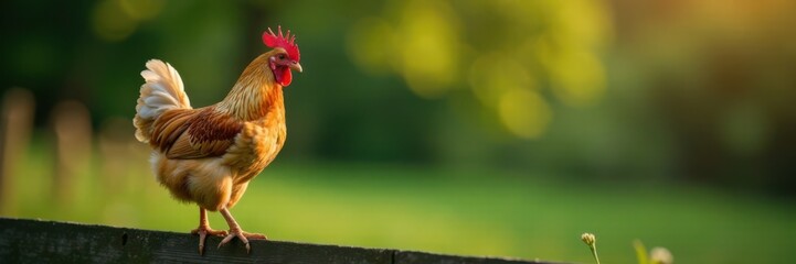 Fototapeta premium Chicken perched on fence post, rural life, silhouettes