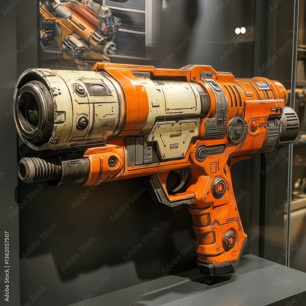 Poster futuristic orange and white ray gun: a detailed close-up of a sci-fi weapon displayed in a dark case