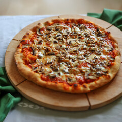 Top view of pizza with mushrooms, cheese, copy space, moc up