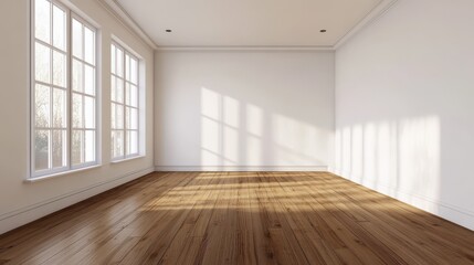 An empty room with white walls and a brown wooden floor. illustration