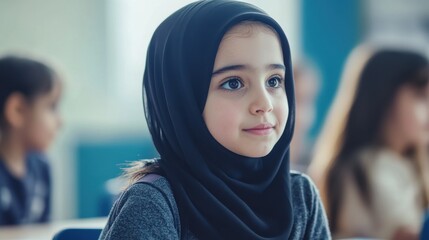 Young arab girl with hijab doing exercise with her bestfriend at international school. Asian muslim school girl sitting near her classmate during lesson. Multiethnic elementary students in classroom.