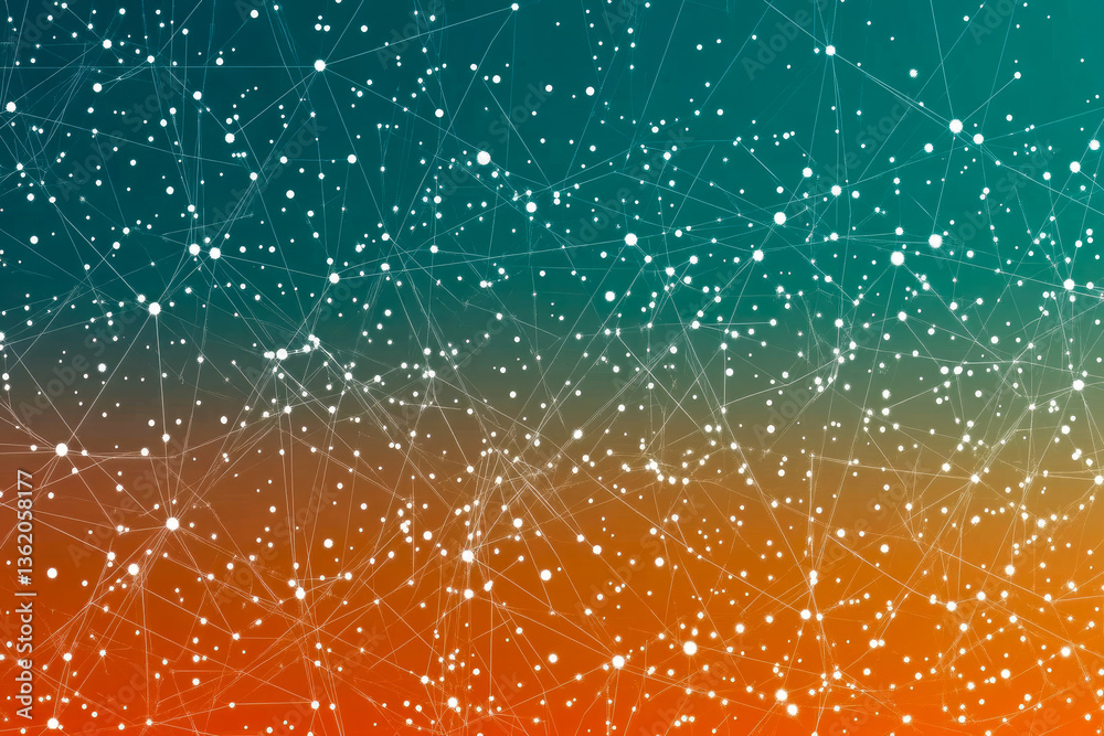 Poster an intricate web of lines and dots in vibrant colors representing connections and networks, symboliz
