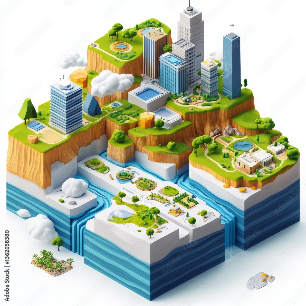 Poster isometric view of a miniature cityscape with waterways, green spaces, and modern architecture - a su
