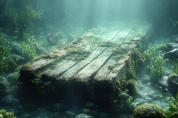 Sunbeams Illuminate Submerged Wooden Dock in Crystal Clear Underwater Scene