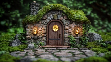 Naklejka premium Charming moss-covered cottage nestled in a lush forest with glowing lanterns