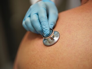 Fototapeta premium Doctor using stethoscope for patient checkup and examining heart health