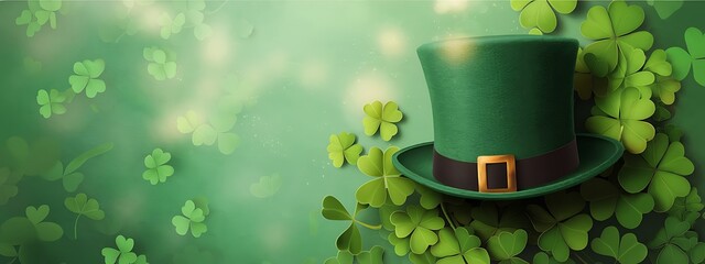 St. Patrick’s Day background with a vibrant green theme featuring fresh clover leaves festive green felt hat with a black band and gold buckle symbolizing luck and Irish tradition for holiday designs