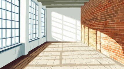 Obraz premium An empty room with white walls, a wooden floor, and a brick wall on the right side illustration