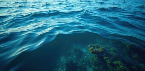 Naklejka premium Dark blue ocean surface with gentle waves and seaweed floating , aquatic, marine life, deep blue