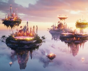 Enchanted floating islands with vibrant cities, illuminated at sunset.  A fantasy landscape perfect for dreams and imagination.
