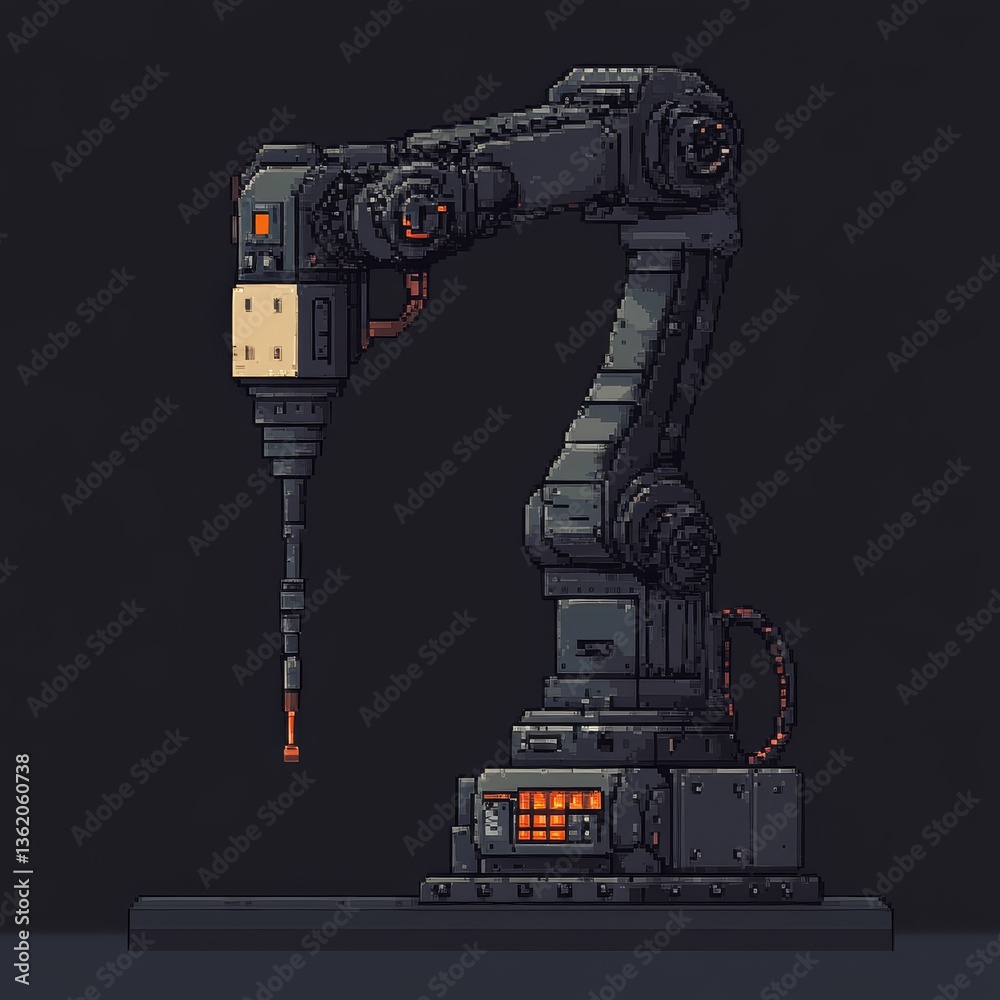 Poster pixelated precision: retro industrial robot arm with orange highlights on a dark background