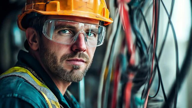 Portrait of a construction worker wearing hard hat and safety glasses stands amidst electrical wires	