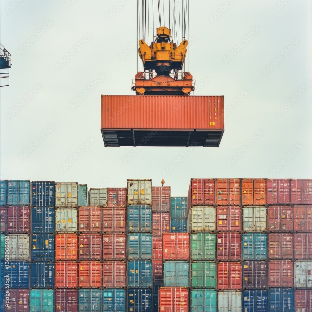 Poster Shipping Container Crane Lifting Load Above Stacked Cargo Containers in Port Terminal Under a Light Sky.