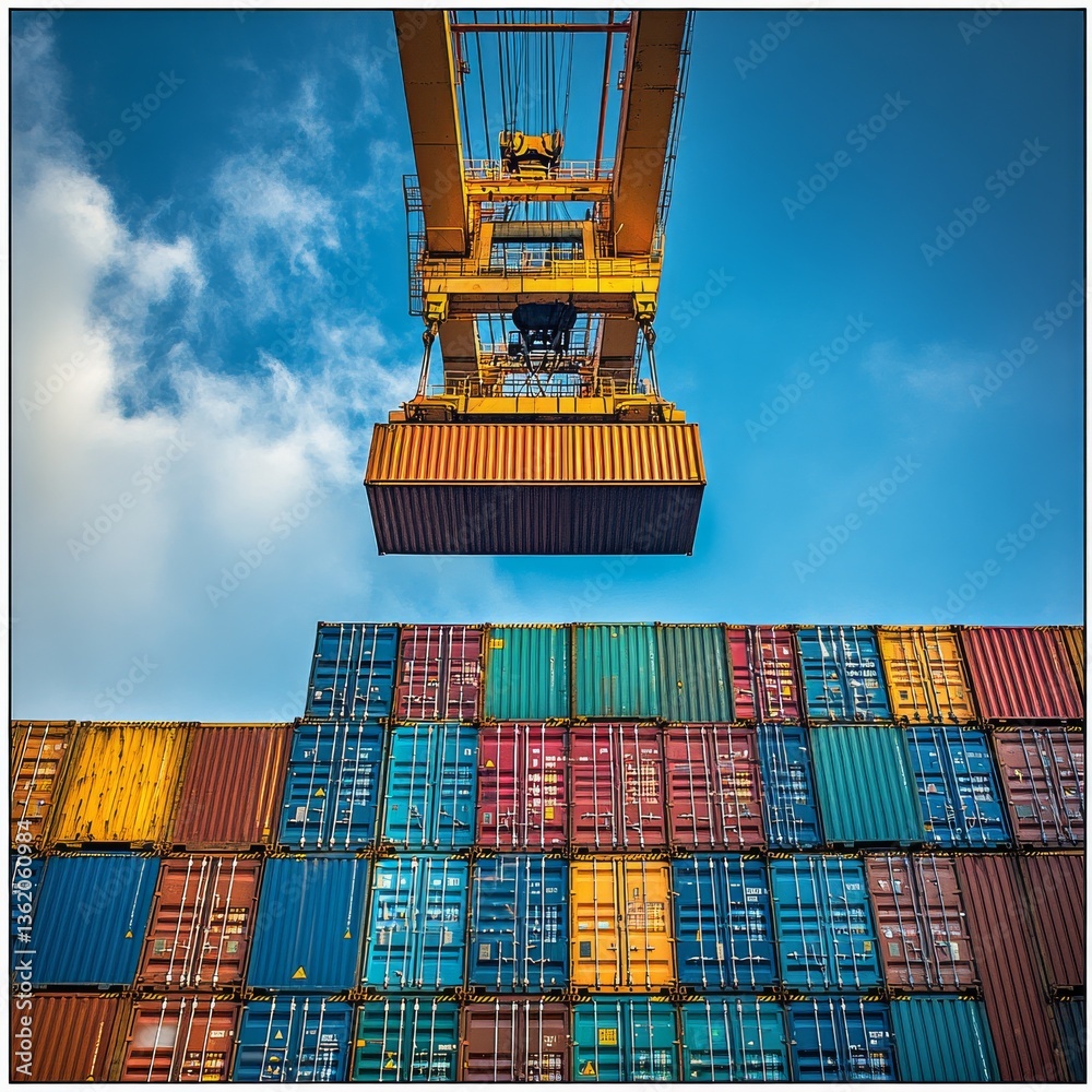 Poster Shipping Container Handling: A Gantry Crane Lifting a Cargo Container at a Busy Port Terminal