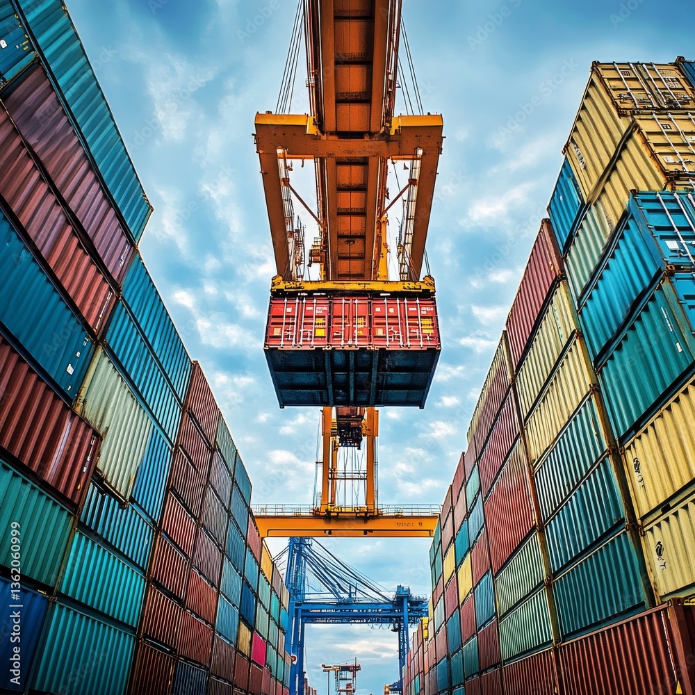 Poster Shipping Container Loading at Port: Cranes, Stacks, and Sky View for Global Logistics and Distribution