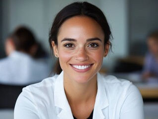 Obraz premium Confident female doctor radiates positivity in a modern healthcare setting during spring afternoon consultations