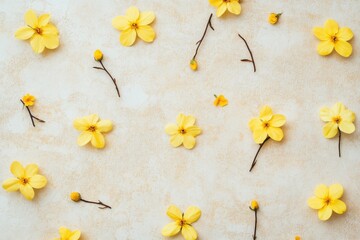 Obraz premium A gentle array of forsythia blossoms and delicate buds scattered on a textured beige surface creating beauty