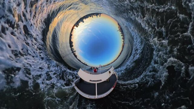 Vortex effect of ferry boat navigating on Hudson River at sunset, creating surreal perspective with New York City skyline in distance, for travel and creative visuals, USA