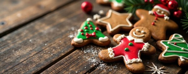 Decorated gingerbread cookies on a wooden table , sweet treats, christmas, baked goods