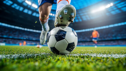 Naklejka premium A close up shot of a soccer ball with a player's foot on it during a match at a stadium field