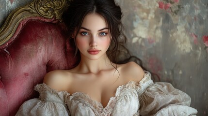 A beautiful woman is resting on a plush ornate antique chair